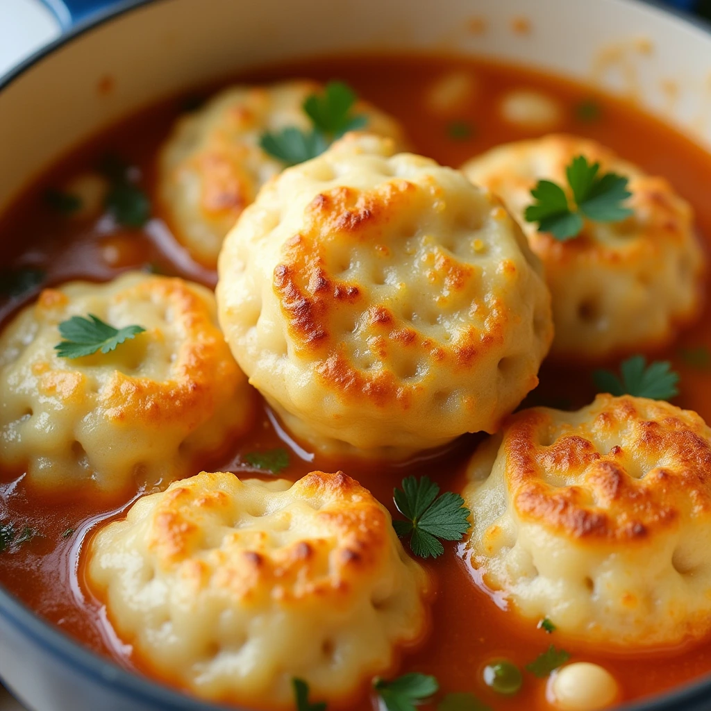 Close-up of fluffy Bisquick dumplings served in a hearty chicken stew.