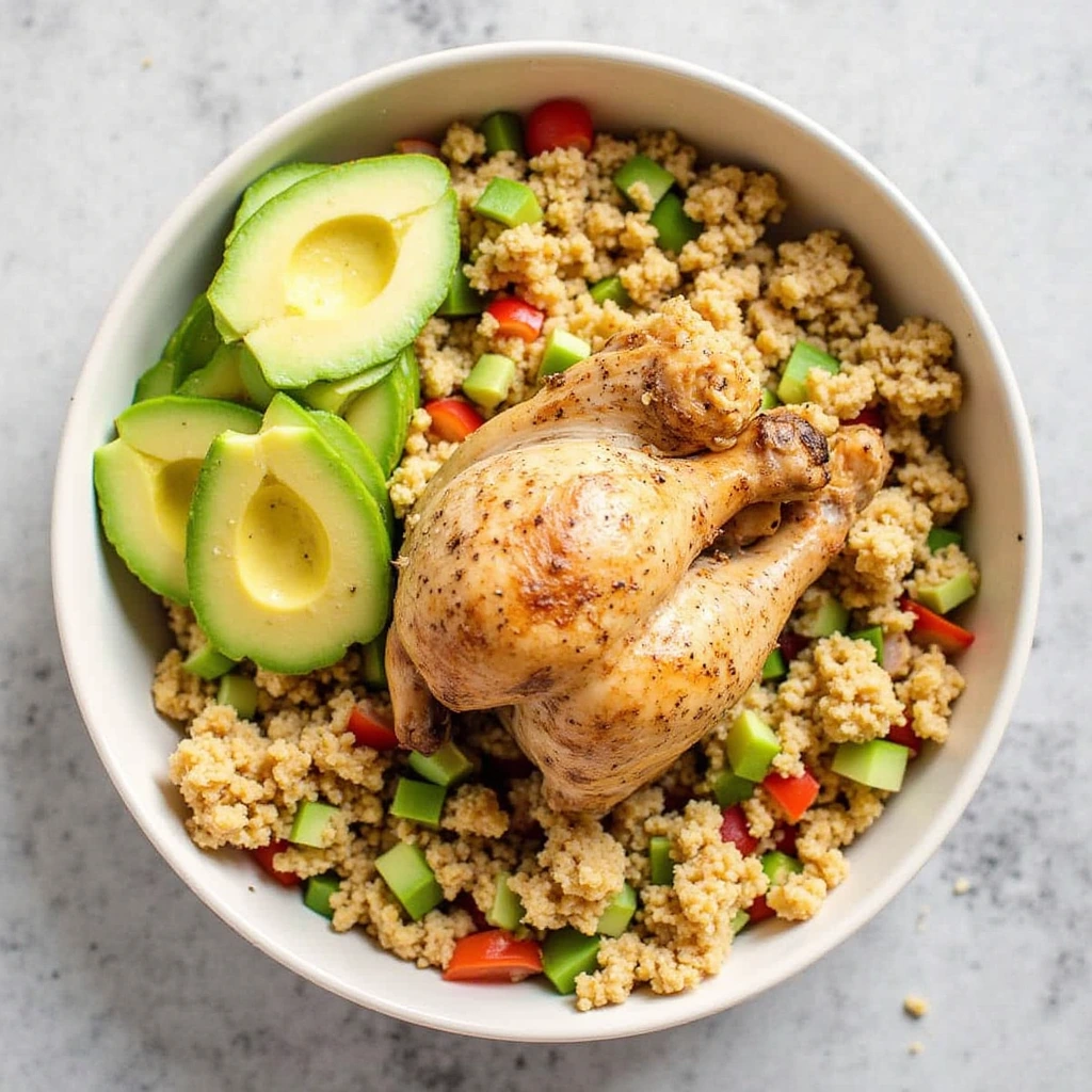 Meal prep containers filled with shredded rotisserie chicken, quinoa, roasted vegetables, and fresh greens