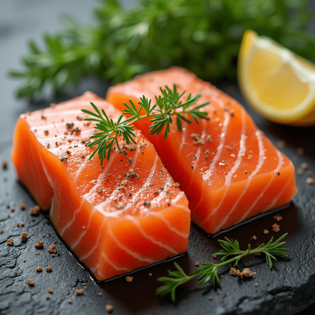 Fresh raw salmon steak recipe on a wooden board, surrounded by sprigs of fresh dill, thyme, lemon slices, and garlic cloves.