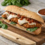 A crispy Chicken Parmesan Sandwich with melted mozzarella and marinara sauce in a toasted hoagie roll, served on a wooden board with basil garnish.