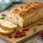 Freshly baked Panera Tomato Basil Bread with a golden crust and soft interior on a wooden board, surrounded by basil and sun-dried tomatoes.