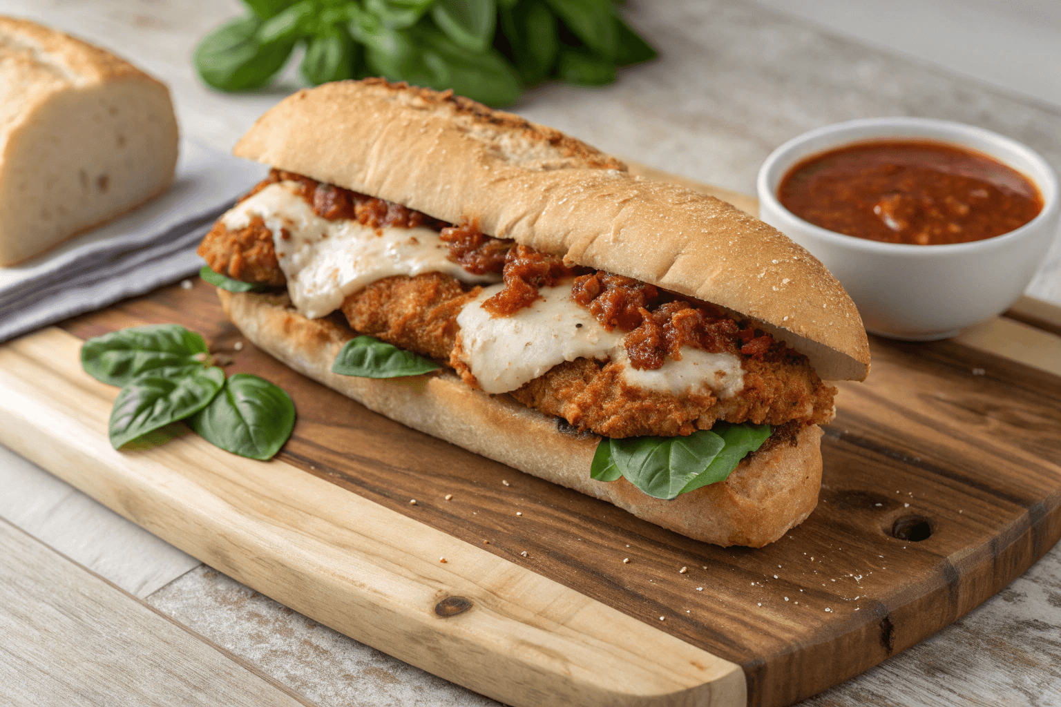 A crispy Chicken Parmesan Sandwich with melted mozzarella and marinara sauce in a toasted hoagie roll, served on a wooden board with basil garnish.