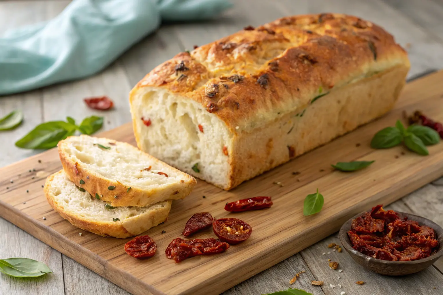 Freshly baked Panera Tomato Basil Bread with a golden crust and soft interior on a wooden board, surrounded by basil and sun-dried tomatoes.