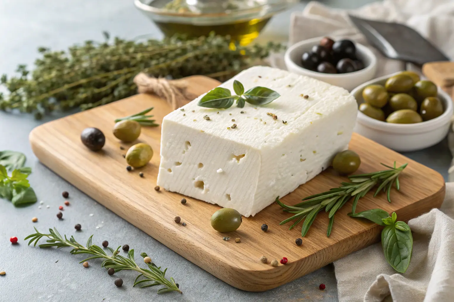 Fresh feta cheese block placed on a wooden board with olives, herbs, and a drizzle of olive oil.