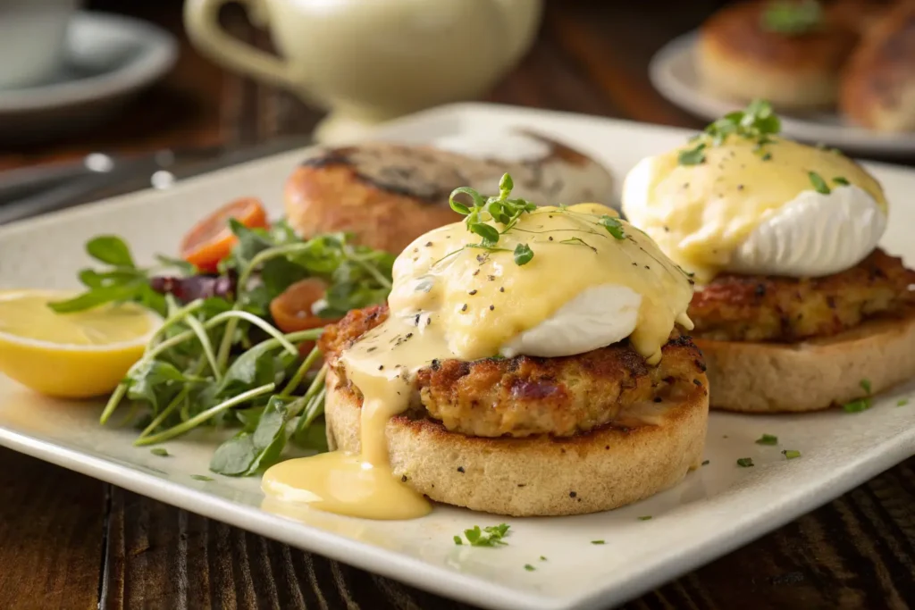 Crab cake eggs Benedict with golden crab cakes, poached eggs, and hollandaise sauce on a toasted English muffin, garnished with herbs.