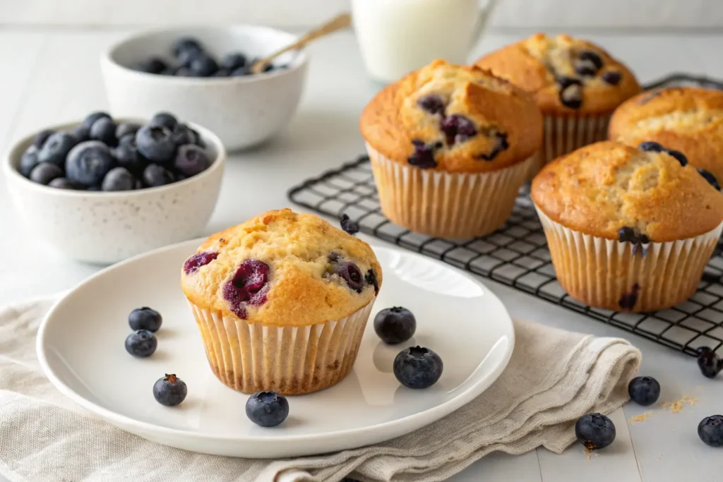 Freshly baked Bisquick Blueberry Muffins with golden tops and juicy blueberries.