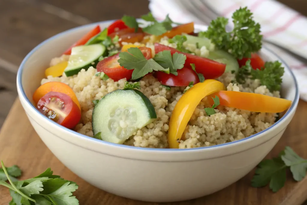 A bowl of cooked organic quinoa with fresh vegetables and herbs.