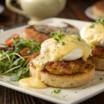 Crab cake eggs Benedict with golden crab cakes, poached eggs, and hollandaise sauce on a toasted English muffin, garnished with herbs.