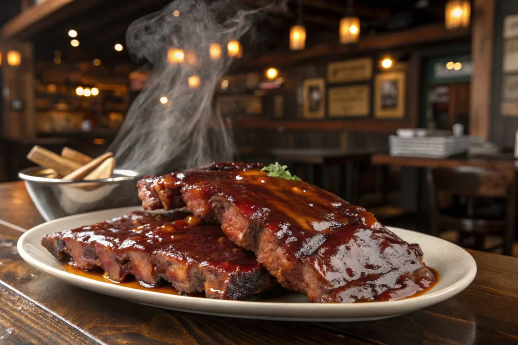 A plate of juicy smoked BBQ ribs served on a wooden platter with tangy barbecue sauce.