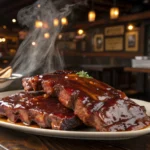 A plate of juicy smoked BBQ ribs served on a wooden platter with tangy barbecue sauce.