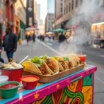 Colorful urban street scene featuring sizzling Quesabirria Tacos Near Me on a table.