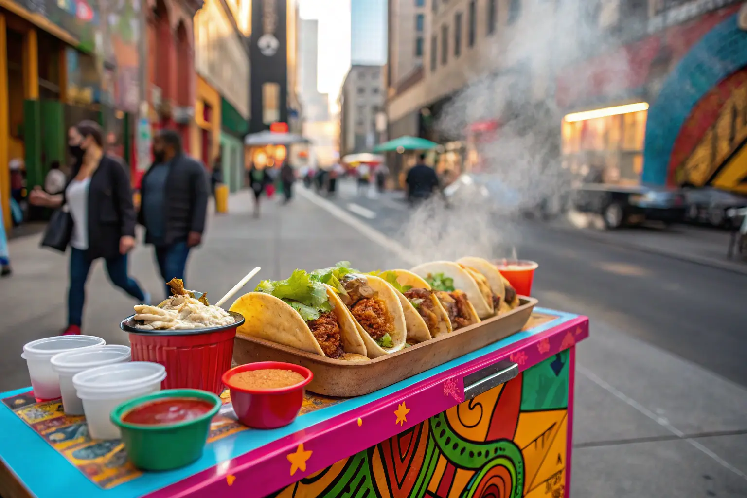 Colorful urban street scene featuring sizzling Quesabirria Tacos Near Me on a table.