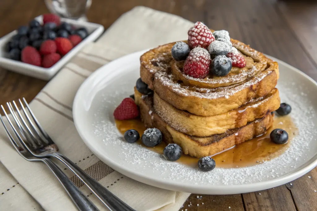 A stack of golden-brown Cinnamon Roll French Toast drizzled with syrup and topped with fresh berries