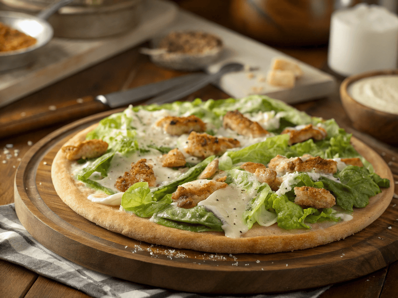 Crispy Chicken Crust Caesar Salad Pizza near me, loaded with parmesan and fresh greens