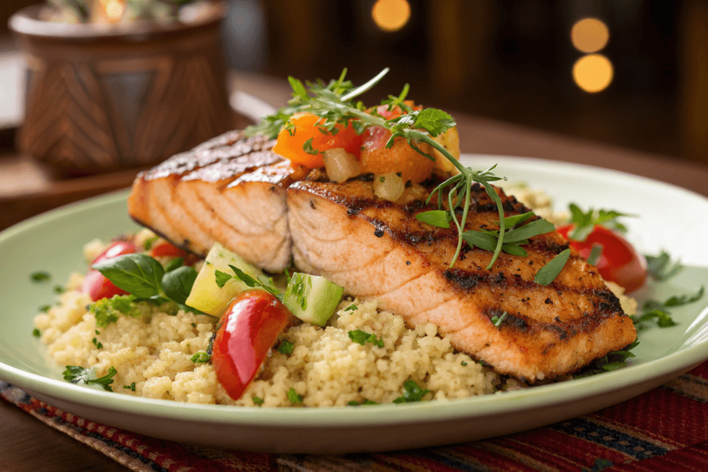  A delicious plate of quinoa rice served with grilled salmon, garnished with fresh herbs and colorful vegetables on a wooden table