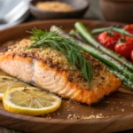 Grilled salmon Calories fillet with lemon and herbs on a wooden plate