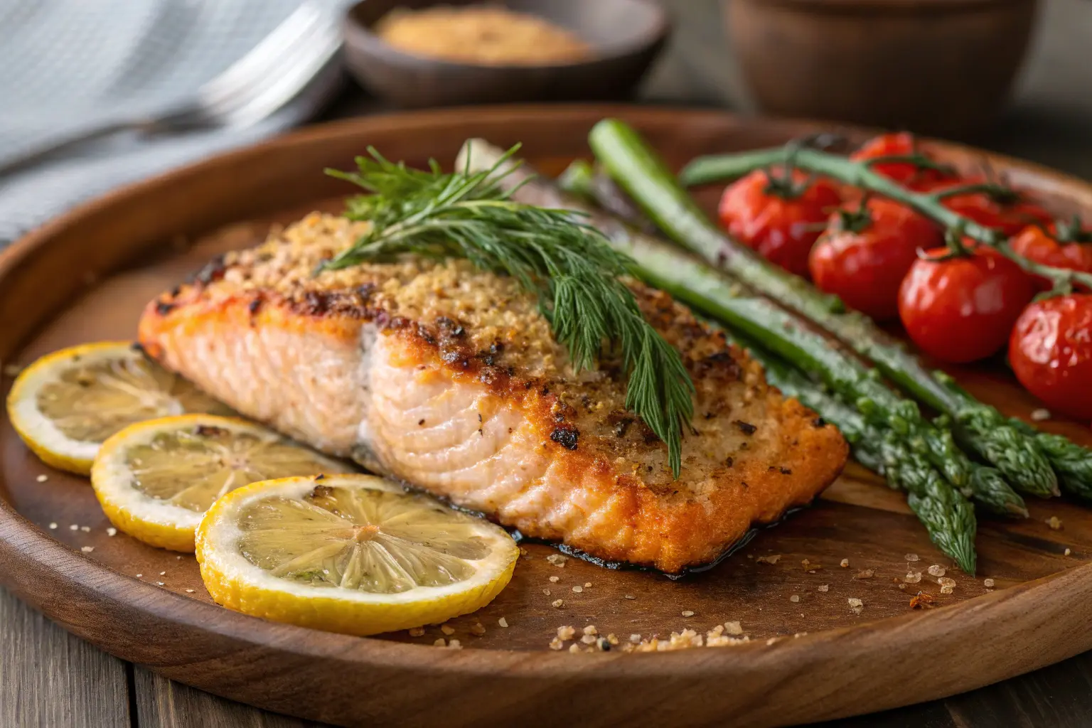 Grilled salmon Calories fillet with lemon and herbs on a wooden plate