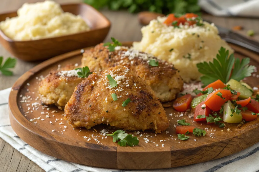 Golden, crispy Parmesan chicken thighs served on a rustic plate with fresh parsley and Parmesan cheese