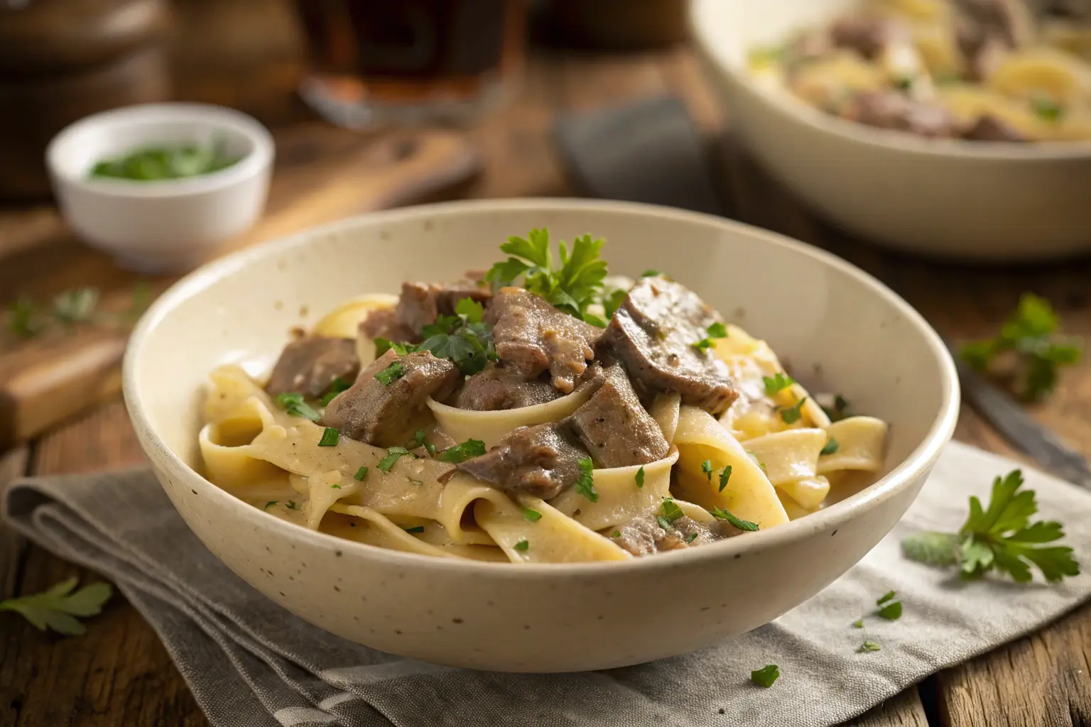 A creamy bowl of gluten free beef stroganoff served on a rustic table, showcasing a delicious meal with rich flavors and balanced grilled salmon calories