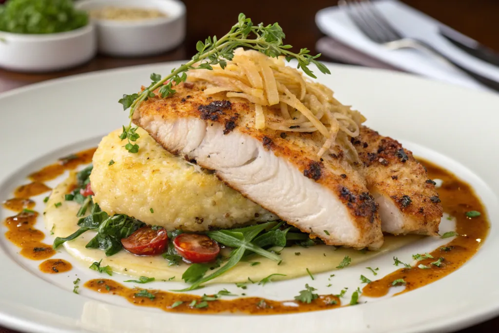 Juicy Longhorn Steakhouse Parmesan Crusted Chicken with crispy golden crust and creamy topping, served with a side of mashed potatoes.