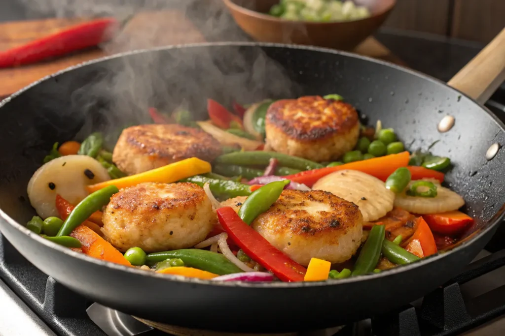 Golden-brown fishcakes and seared scallops stir-fried with vegetables in a wok.