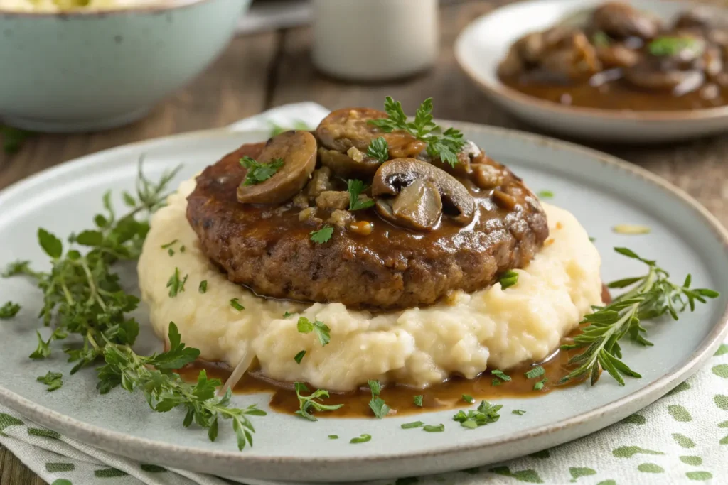 Close-up of Vegan Lentil Salisbury Steak with savory mushroom sauce.