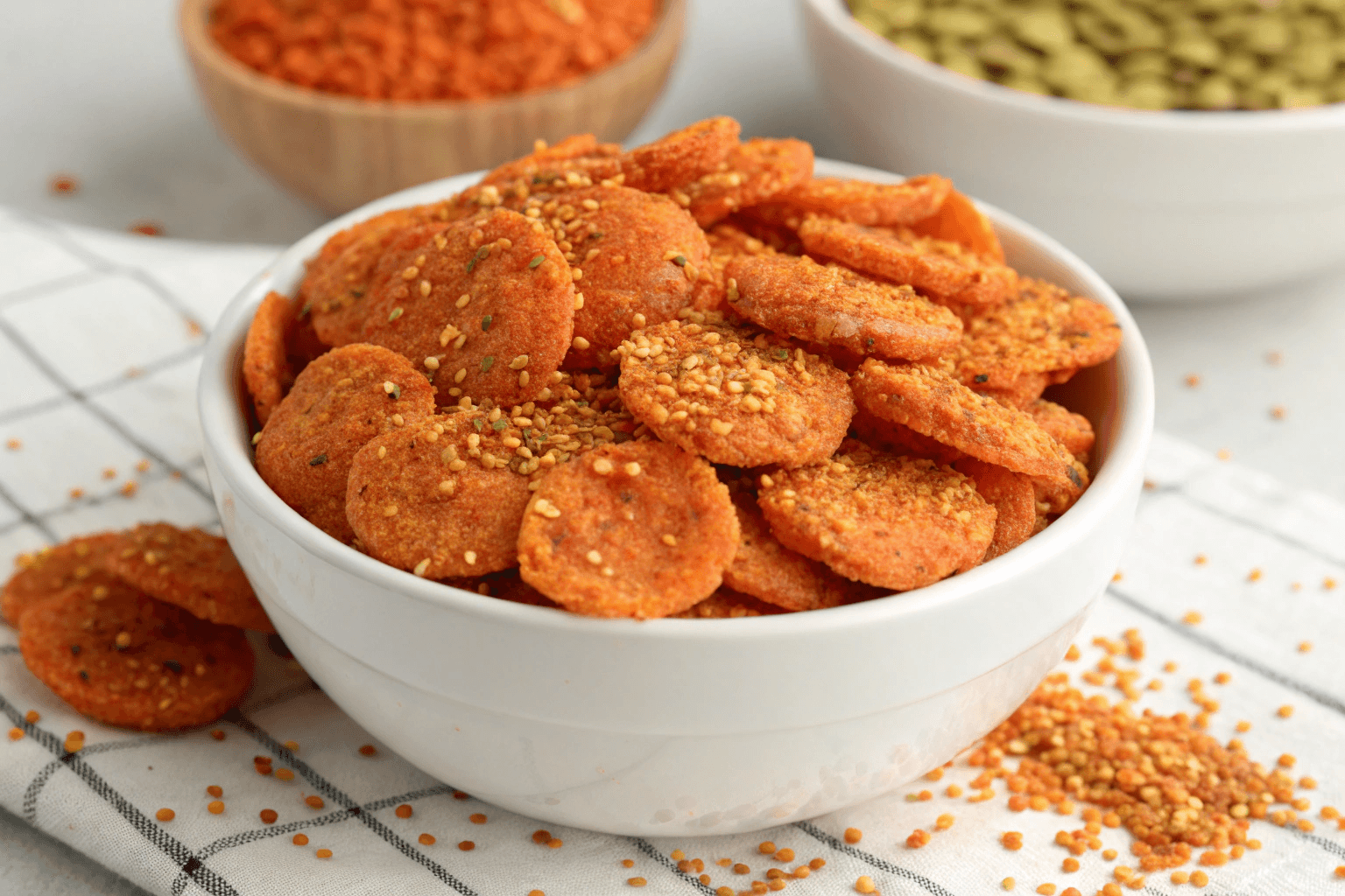 Crispy fried red lentils snacks served in a bowl with spices