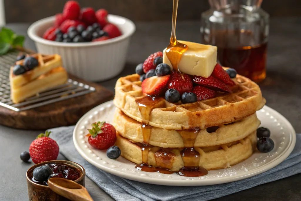 A stack of Frozen Belgian Waffles Family Size topped with syrup, butter, and fresh berries.