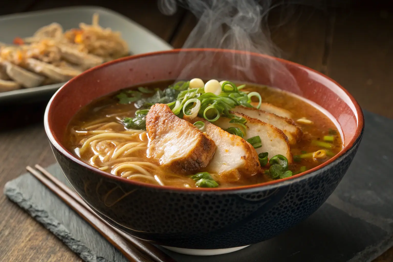 Steaming bowl of Chef Woo Roasted Chicken Flavor Instant Ramen with rich broth