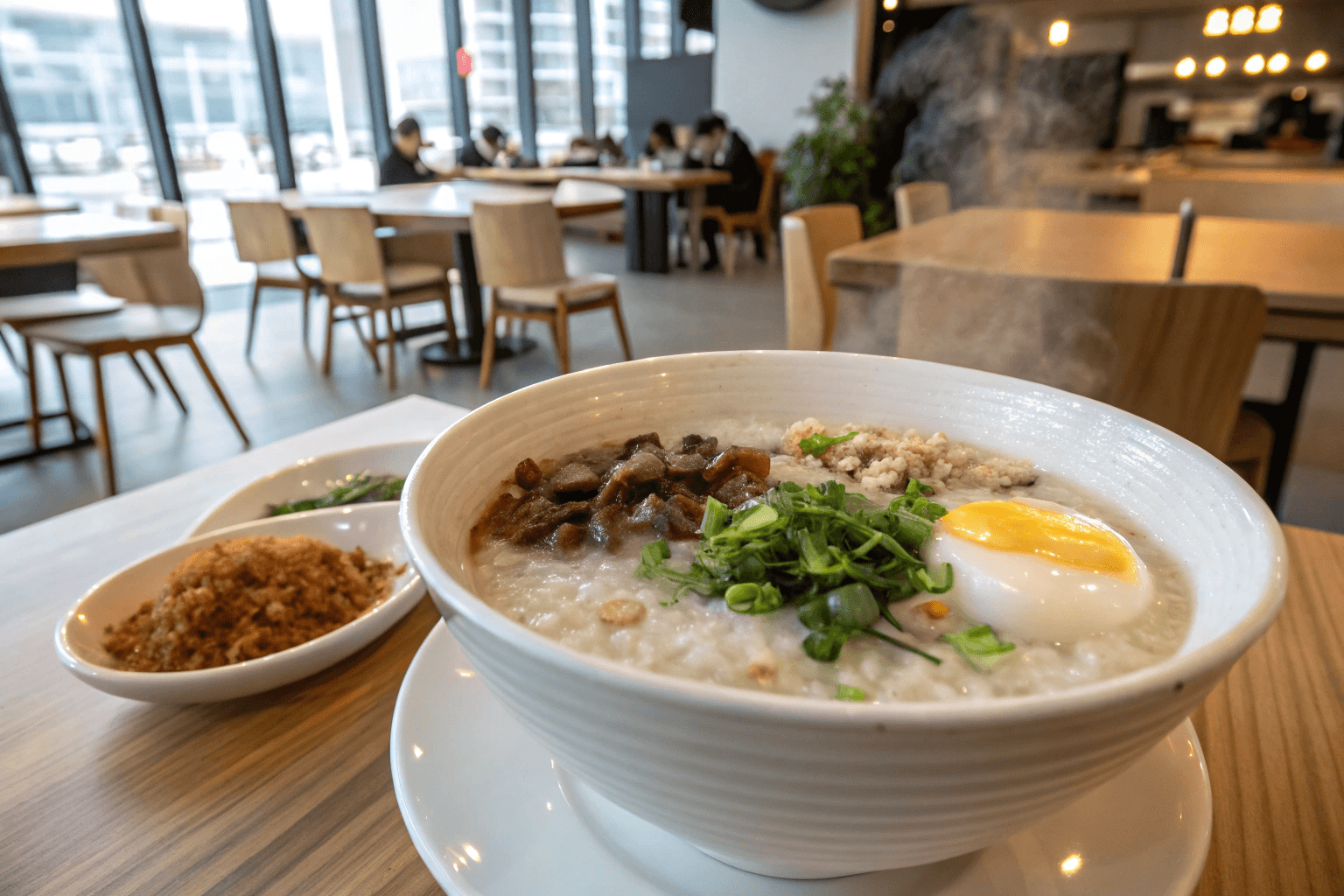 A steaming bowl of Taiwan Porridge Cupertino with sweet potatoes and side dishes