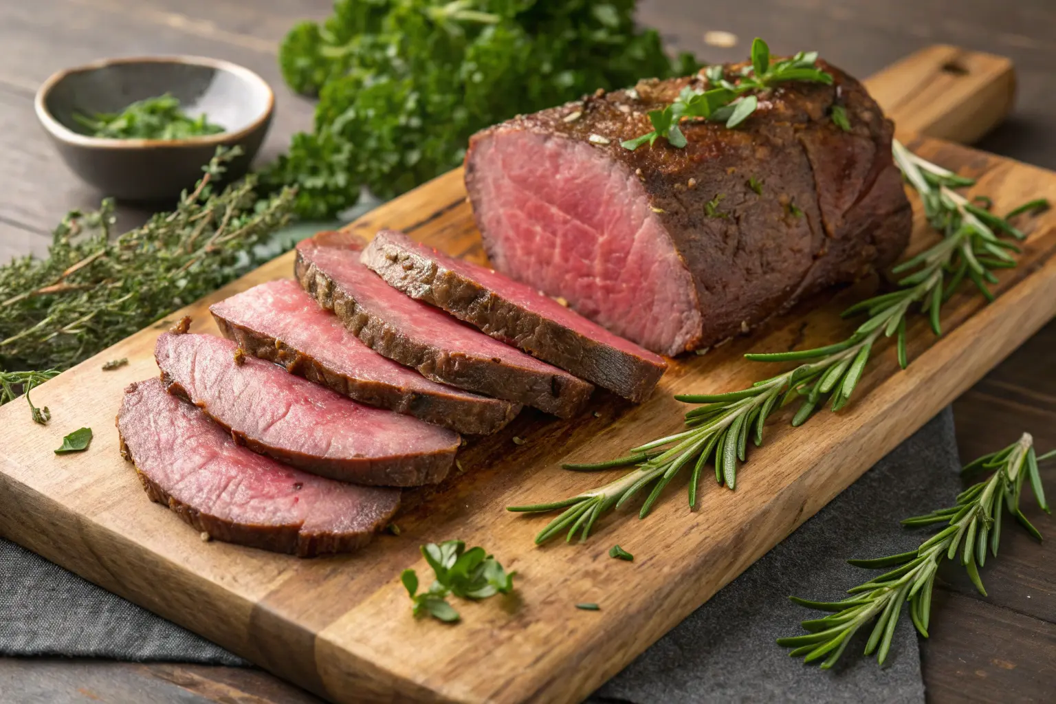 Freshly sliced deli meats whole roast beef on a wooden board with herbs.