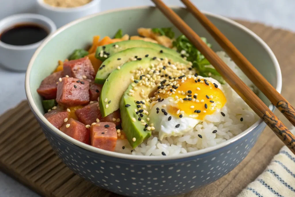 A delicious Spam Egg Rice Avocado bowl topped with sesame seeds and served with chopsticks.