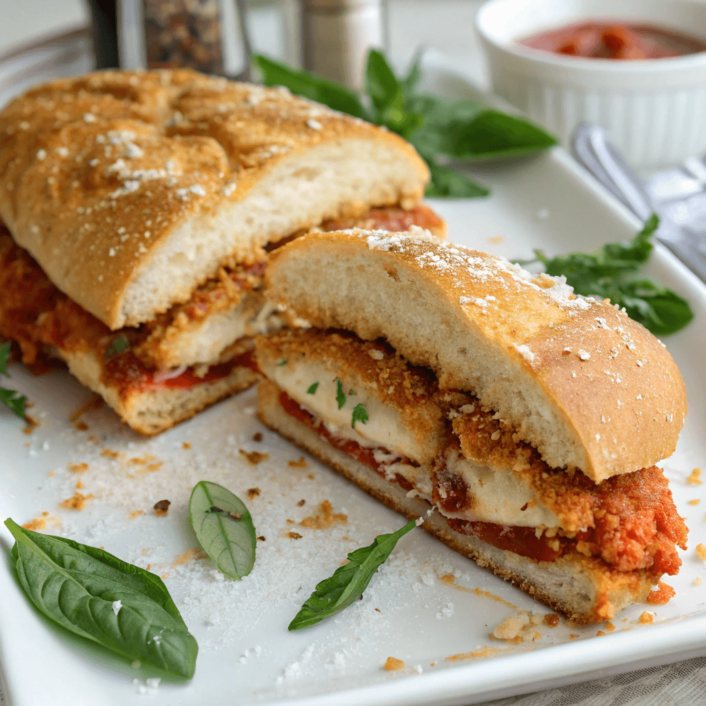 A sliced Chicken Parmesan Sandwich showing crispy breaded chicken, marinara sauce, and melted cheese inside a toasted bun.