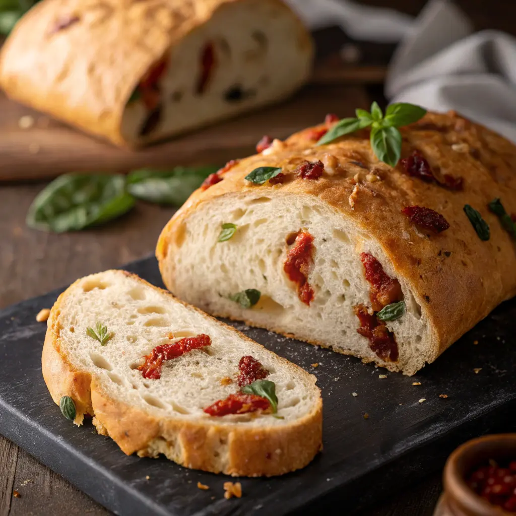 Sliced Panera Tomato Basil Bread showing an airy crumb texture with basil and sun-dried tomatoes.