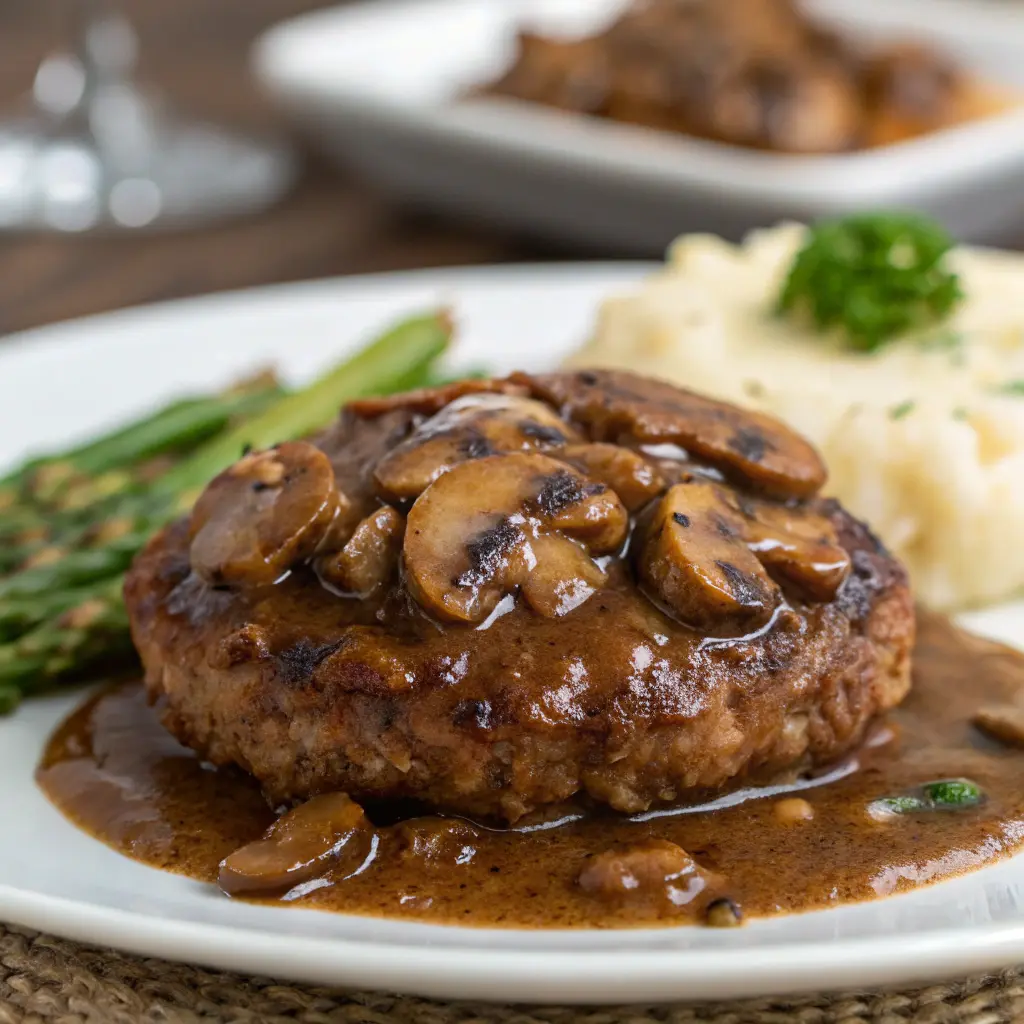 Close-up of Vegan Lentil Salisbury Steak with savory mushroom sauce.