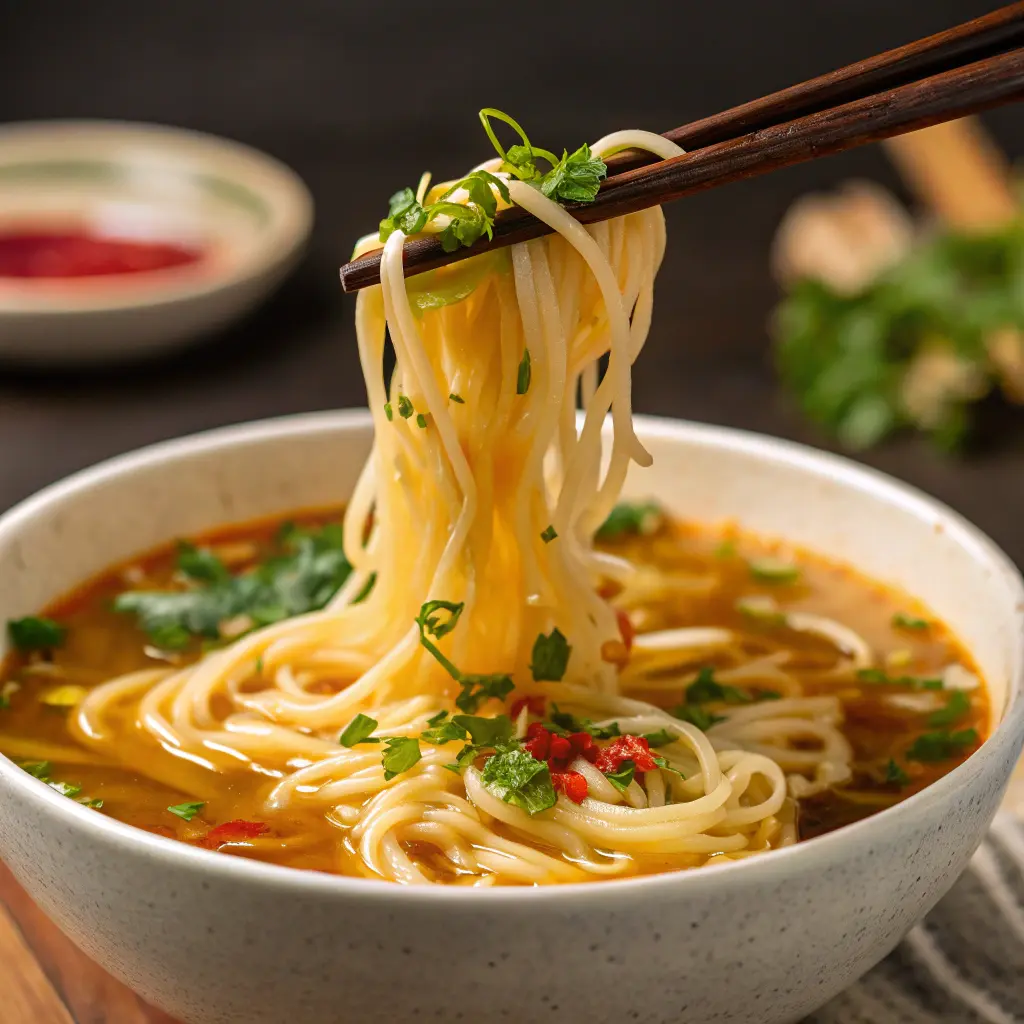 Chopsticks lifting noodles from a bowl of Chef Woo Roasted Chicken Flavor Instant Ramen.