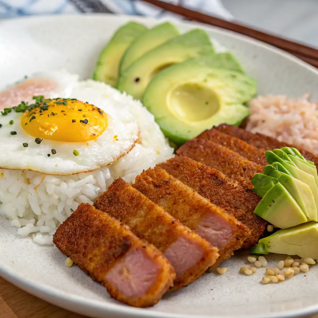  A plate of crispy spam, fried egg, fresh avocado slices, and rice.