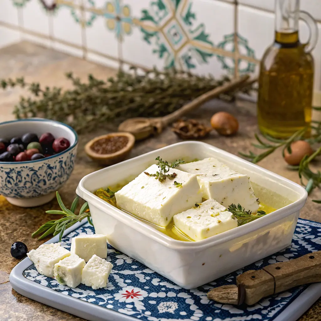 Authentic Greek feta cheese block submerged in brine with a rustic Mediterranean setting.