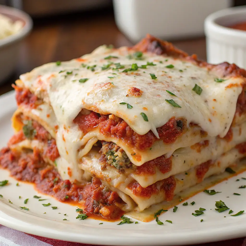 Close-up of Joseph’s Deli Lasagna layers with creamy ricotta and melted mozzarella cheese.