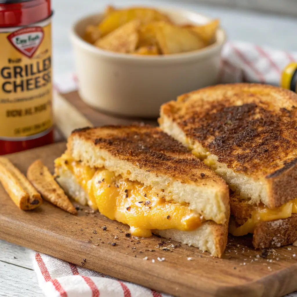 Close-up of a Southern Maryland Grilled Cheese Sandwich with Old Bay seasoning on toasted bread.