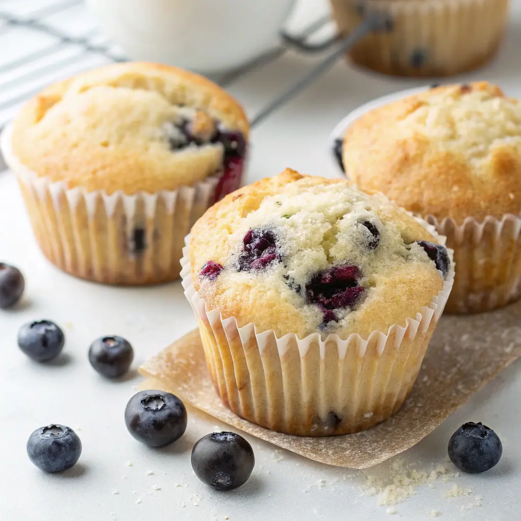 Close-up of fluffy Bisquick Blueberry Muffins with a soft and moist texture.