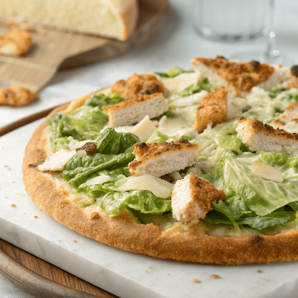 Crispy Chicken Crust Caesar Salad Pizza near me, loaded with parmesan and fresh greens