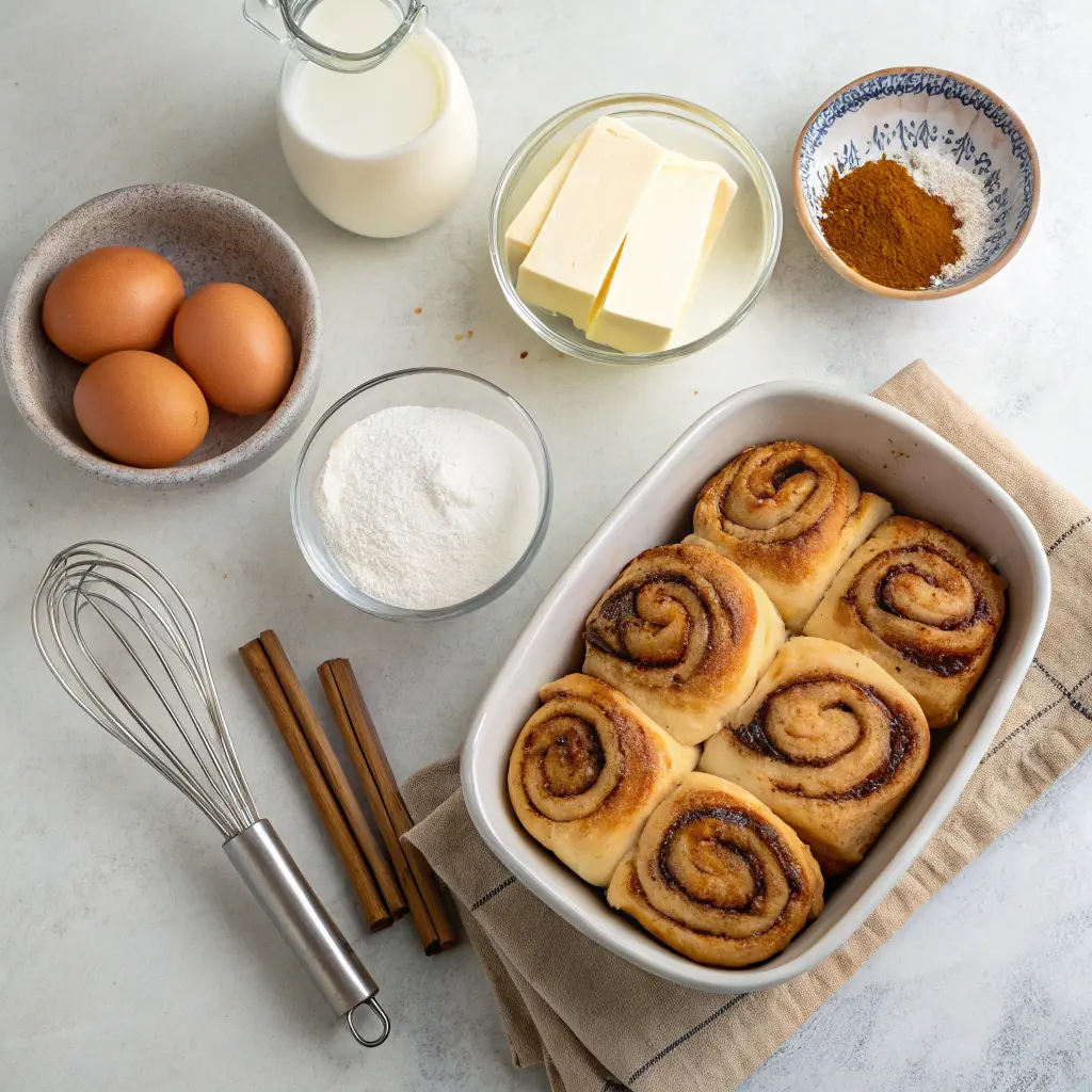 Ingredients for Cinnamon Roll French Toast arranged on a kitchen countertop