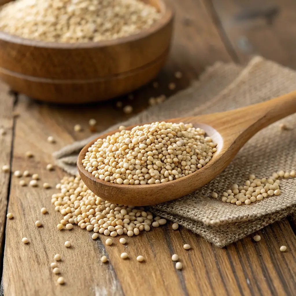  Raw organic quinoa grains in a wooden spoon on a rustic table.