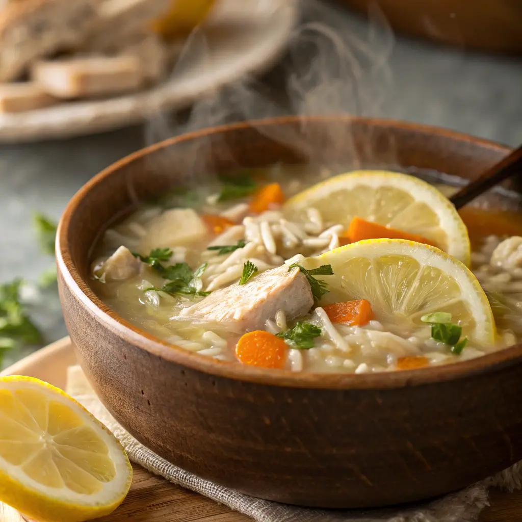  Close-up shot of hot lemon chicken and rice soup mix garnished with fresh herbs in a rustic bowl.