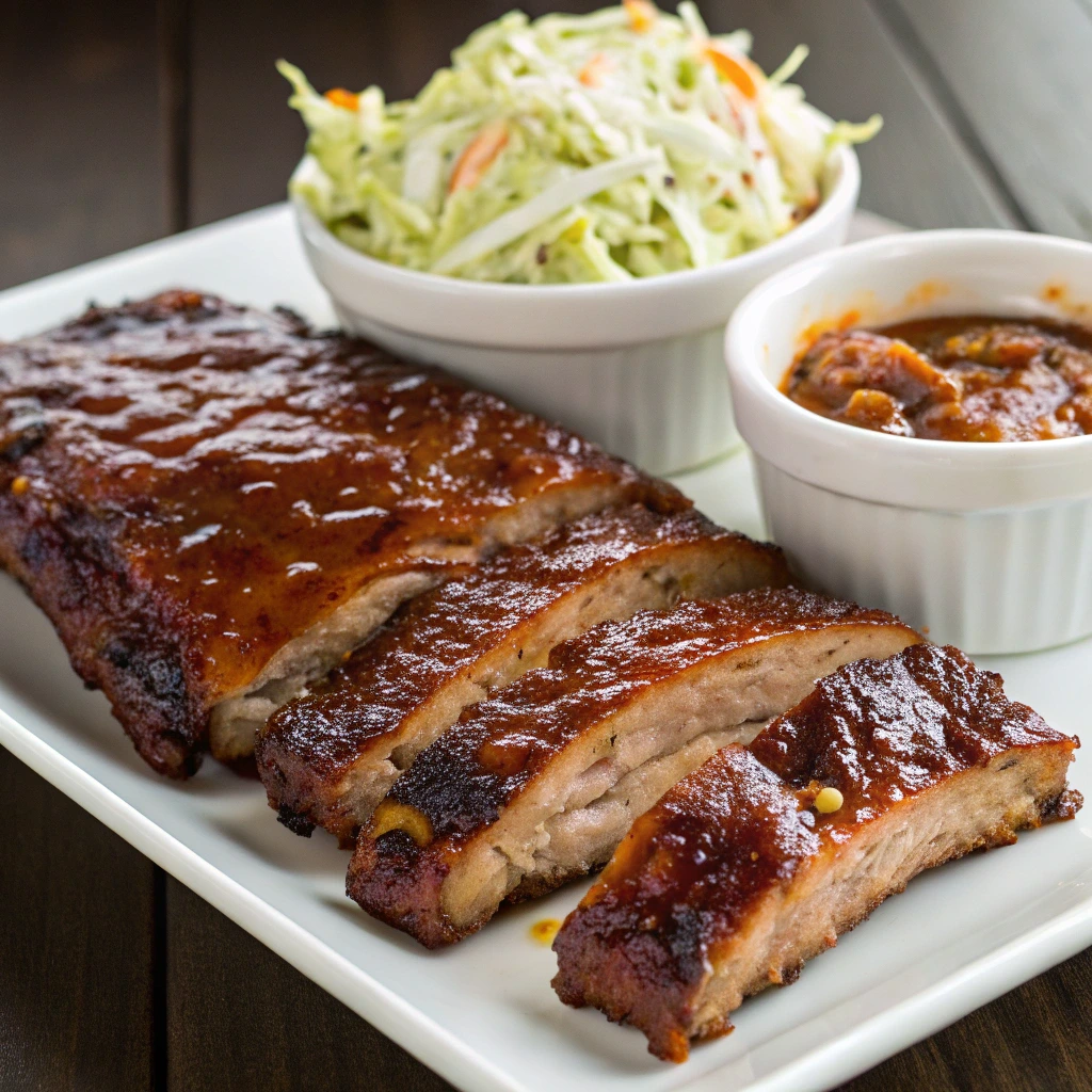 Grilled barbecue ribs with a caramelized glaze served with coleslaw and pickles.