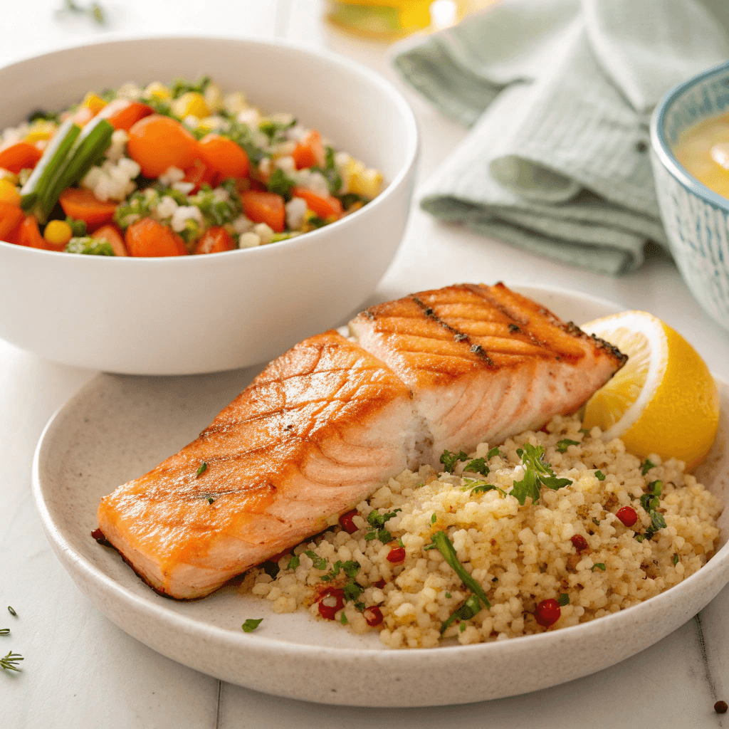  Perfectly grilled salmon fillet paired with a bowl of fluffy quinoa rice and vibrant vegetables, creating a healthy and nutritious meal.