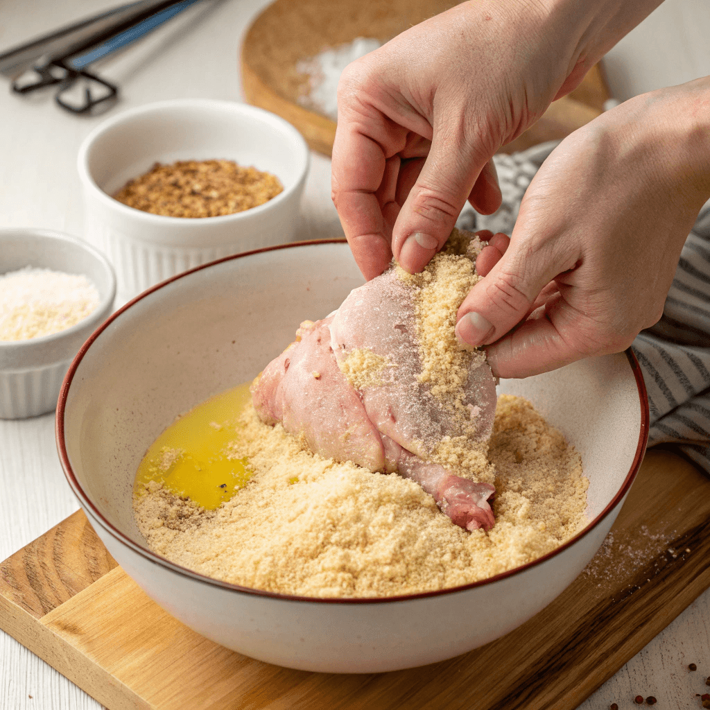 Hands coating chicken thighs with Parmesan cheese and breadcrumbs for a crispy, flavorful crust