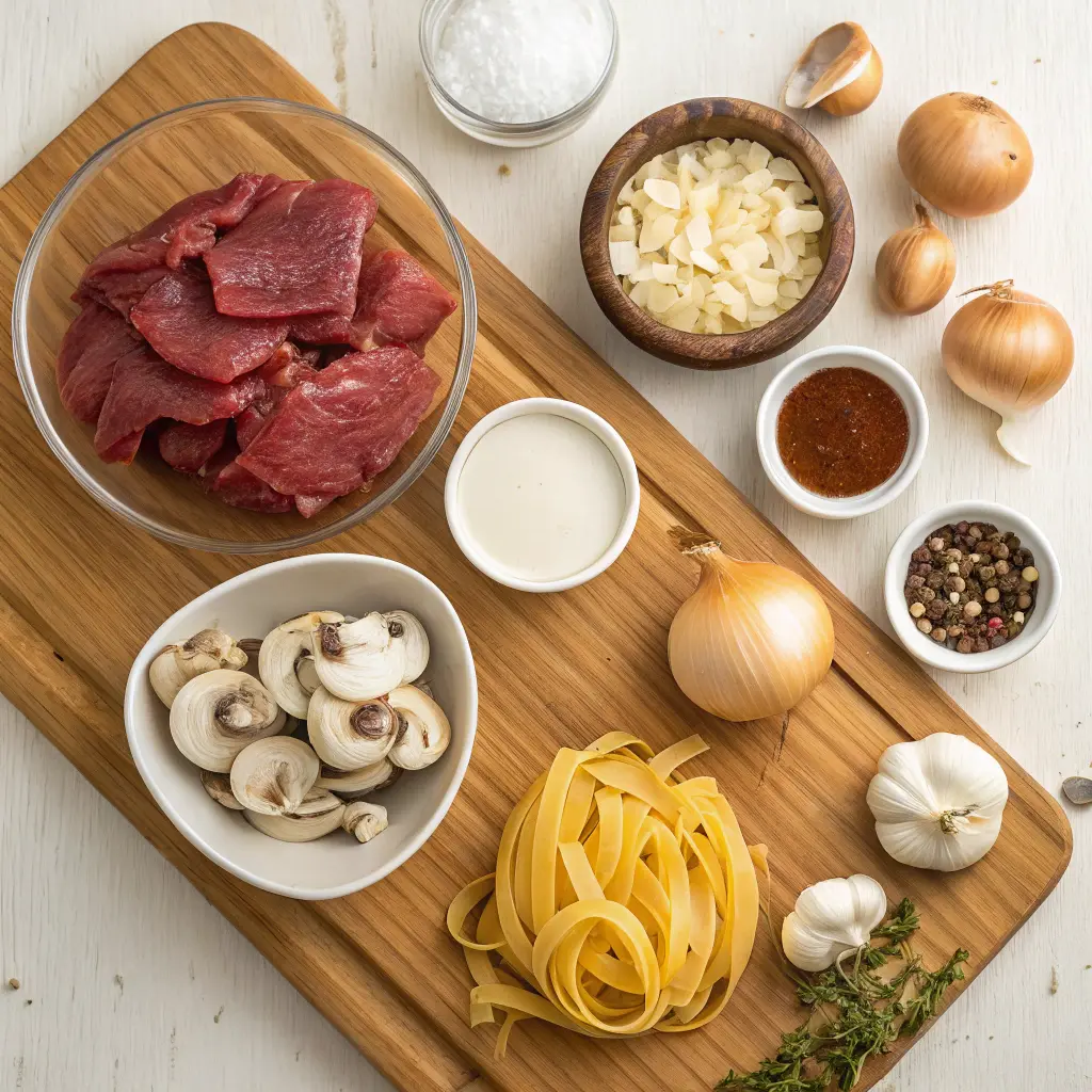 Fresh ingredients for gluten free beef stroganoff, including beef, mushrooms, onions, garlic, and seasonings, with a focus on grilled salmon calories in meal planning.