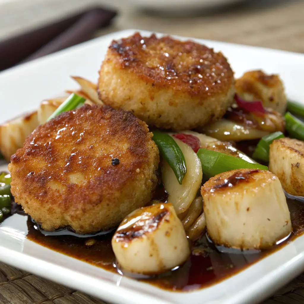 Close-up of crispy fishcakes and scallops stir fry glazed with soy sauce.